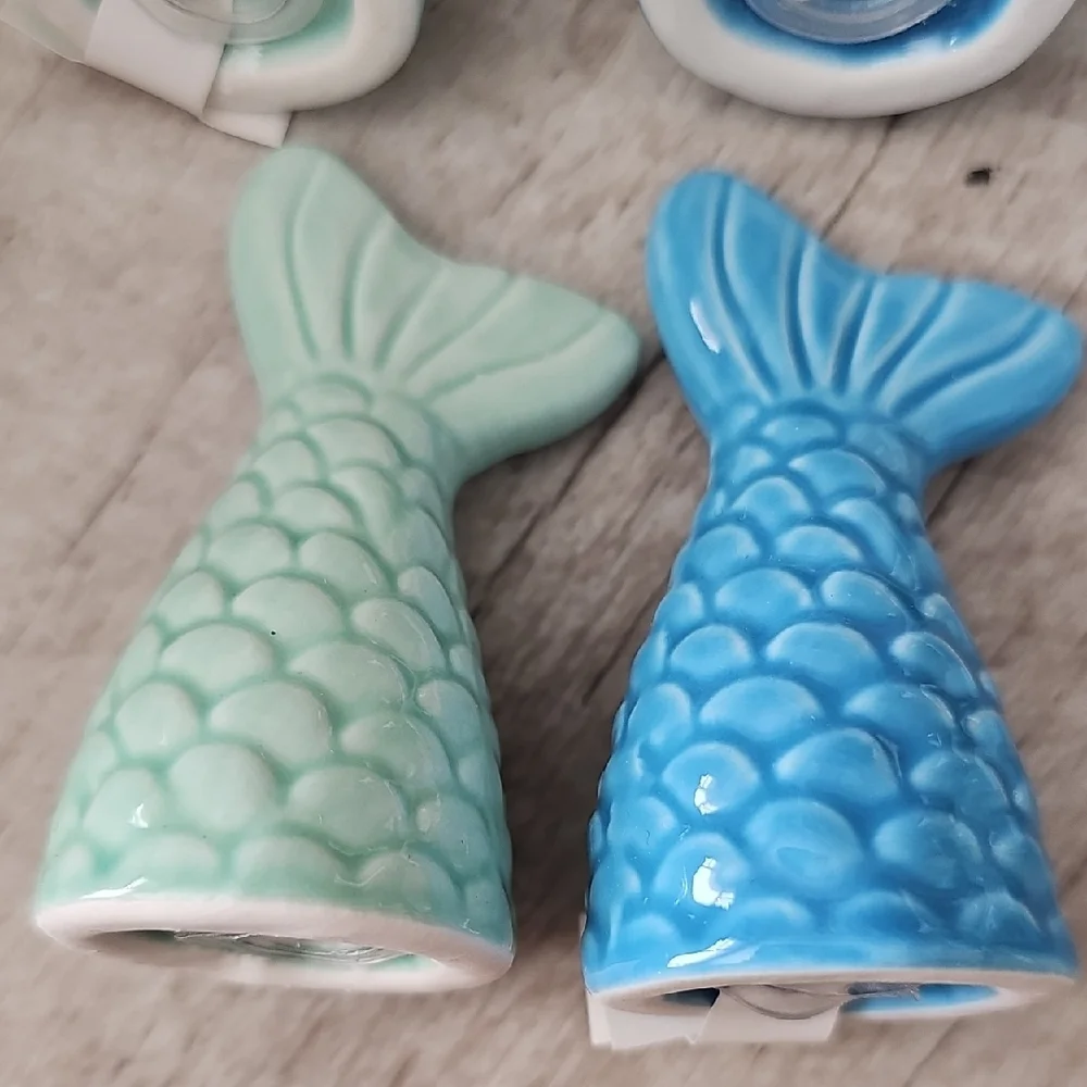 Ceramic Fish and Seahorse Aquarium Decor Set - Blue and Green